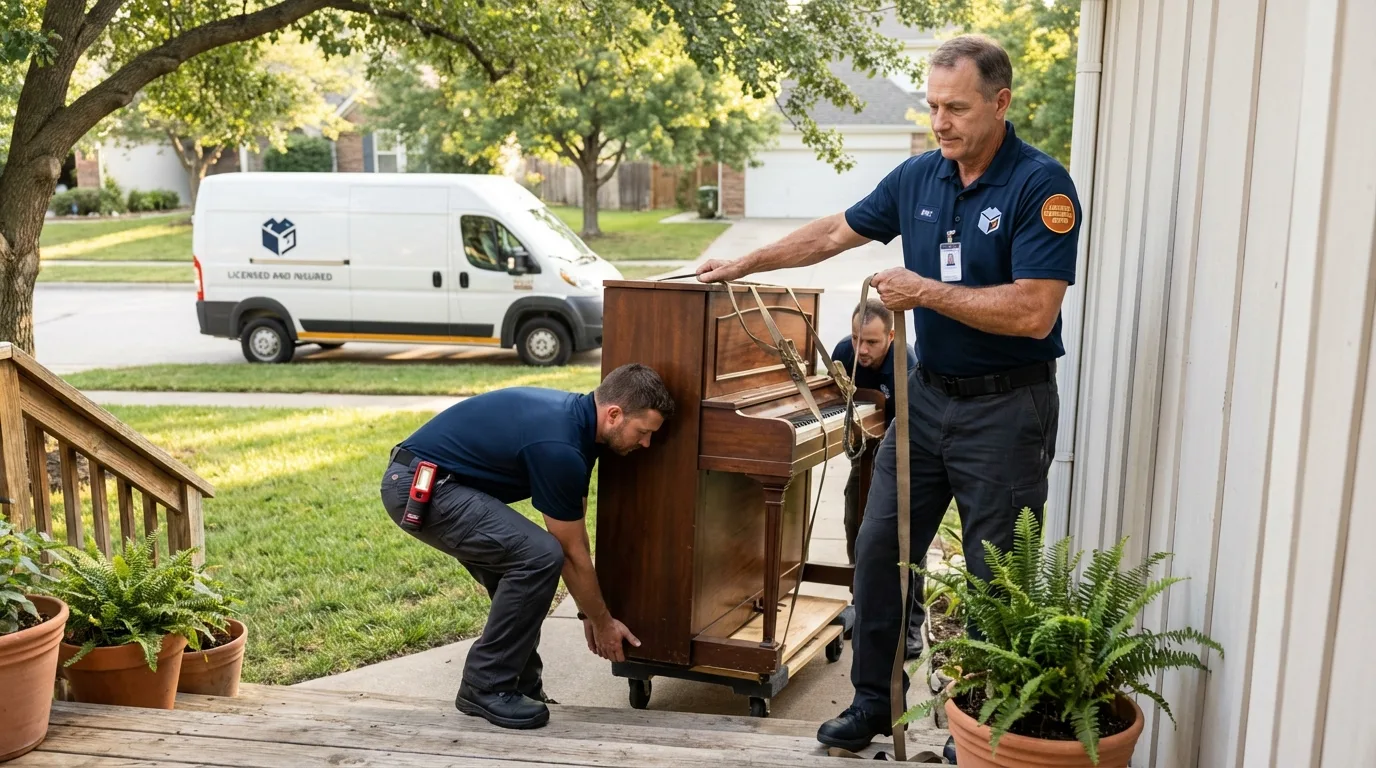 Licensed piano movers securing grand piano in Union Point, GA